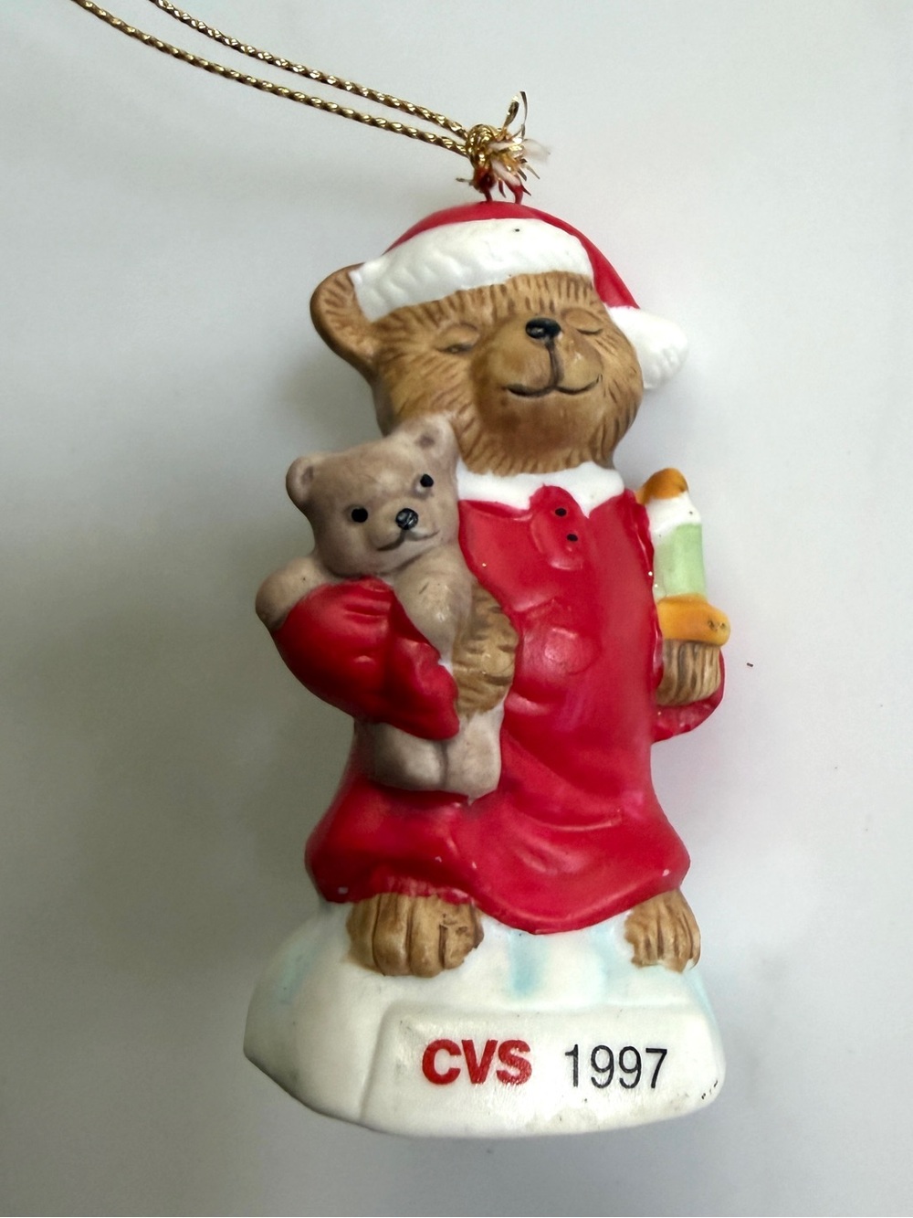 Vintage 1997 CVS Teddy Bear Ceramic Christmas Ornament holding baby and Candle